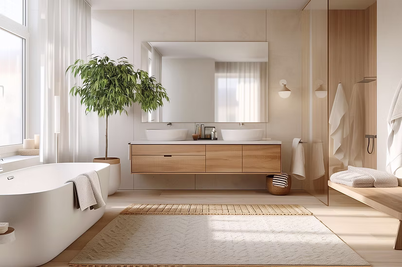 Modern bathroom remodel with walk-in shower and marble tile in Los Angeles