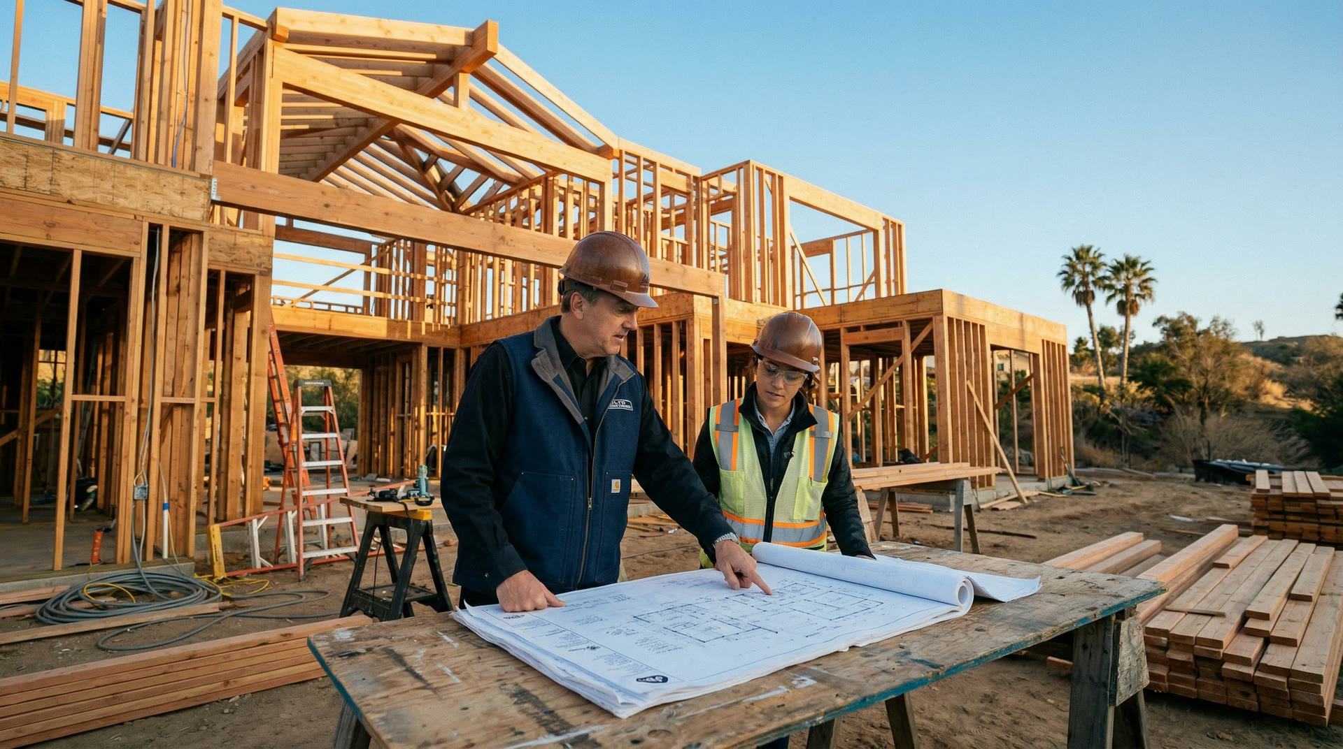 Architect and general contractor reviewing blueprints together at a residential construction site