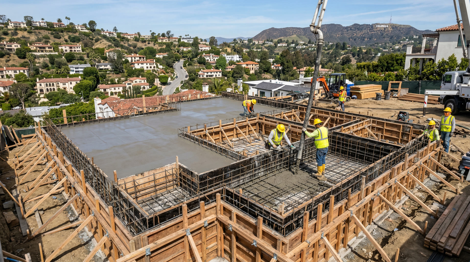 New home foundation being poured with rebar reinforcement in Los Angeles
