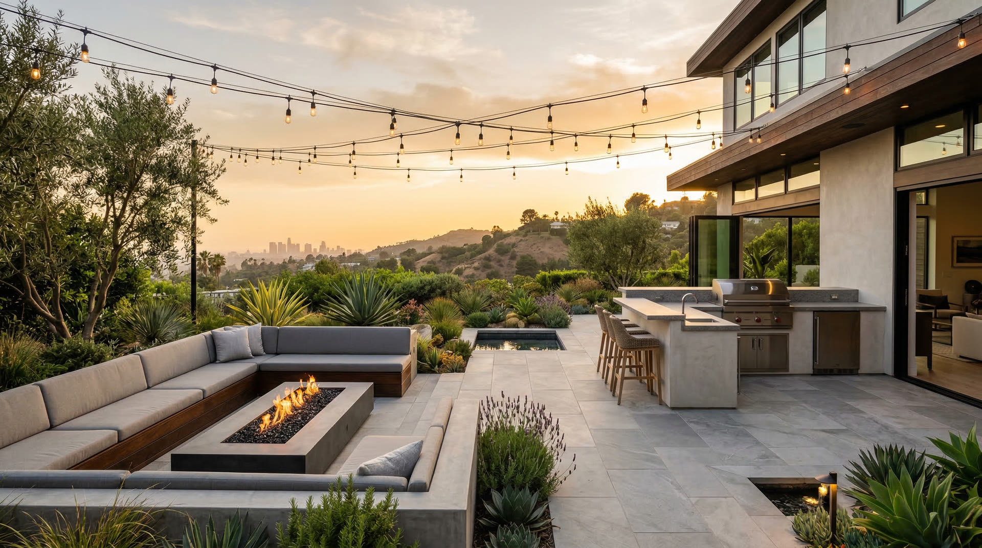 Luxury backyard remodel in Los Angeles with modern hardscaping, fire pit, and outdoor kitchen