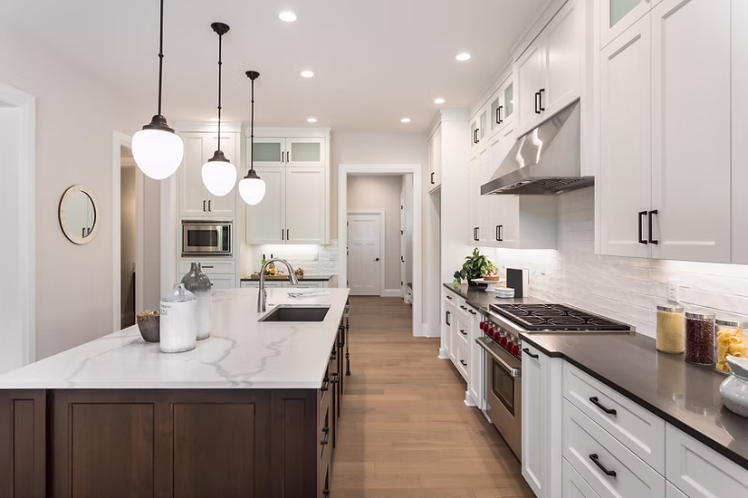 Custom kitchen remodel with marble island and modern cabinetry in Los Angeles