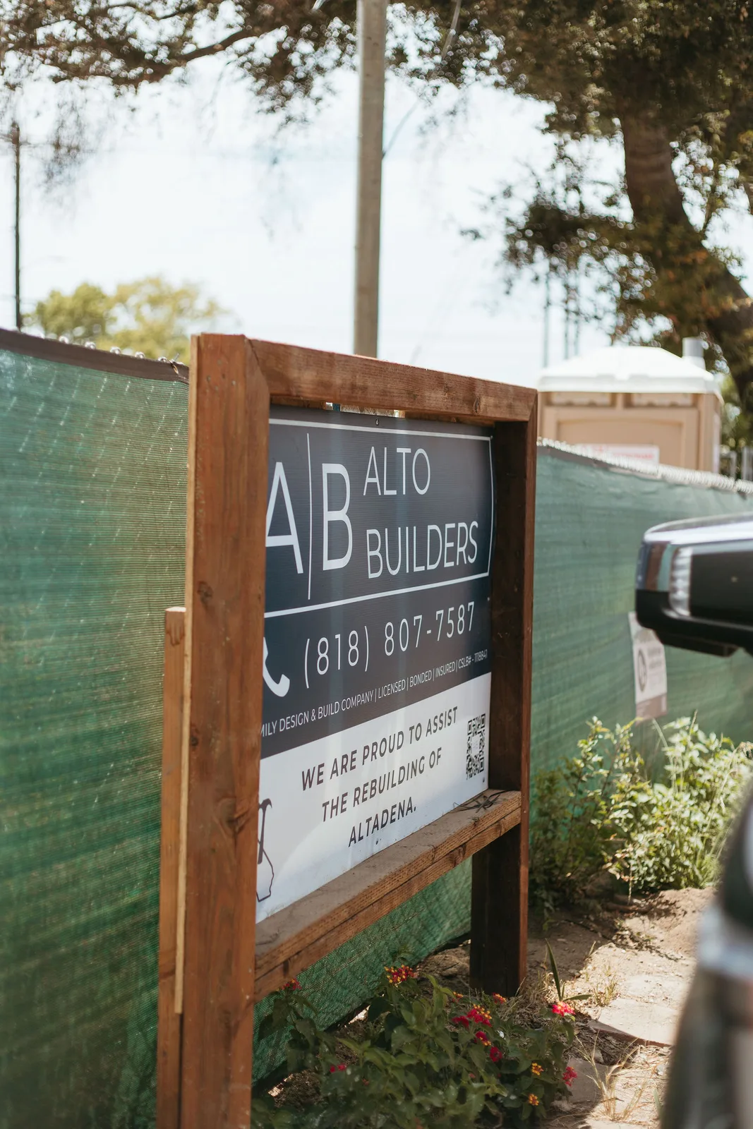 Alto Builders job-site sign at an Altadena rebuild