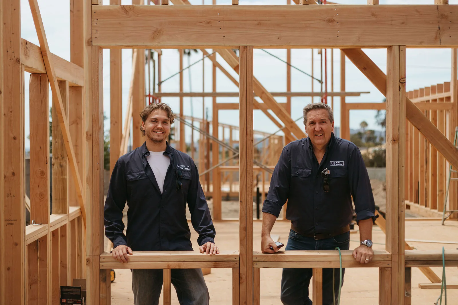Paul and Simon of Alto Builders at a framed Altadena rebuild