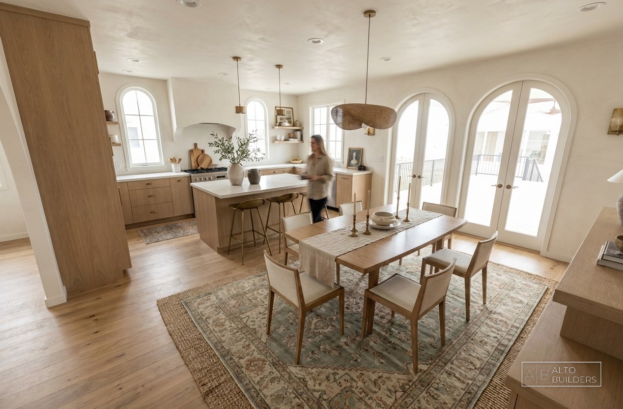 Altadena Storybook Cottage Rebuild - open kitchen and dining room with arched French doors to the patio