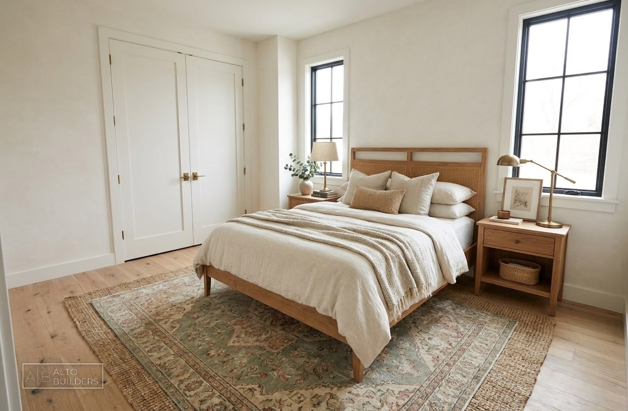 Altadena Storybook Cottage Rebuild - guest bedroom with cane headboard and black-frame windows