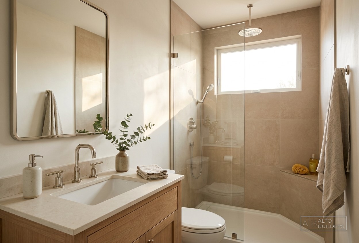 Altadena Storybook Cottage Rebuild - guest bathroom with walk-in shower and oak vanity