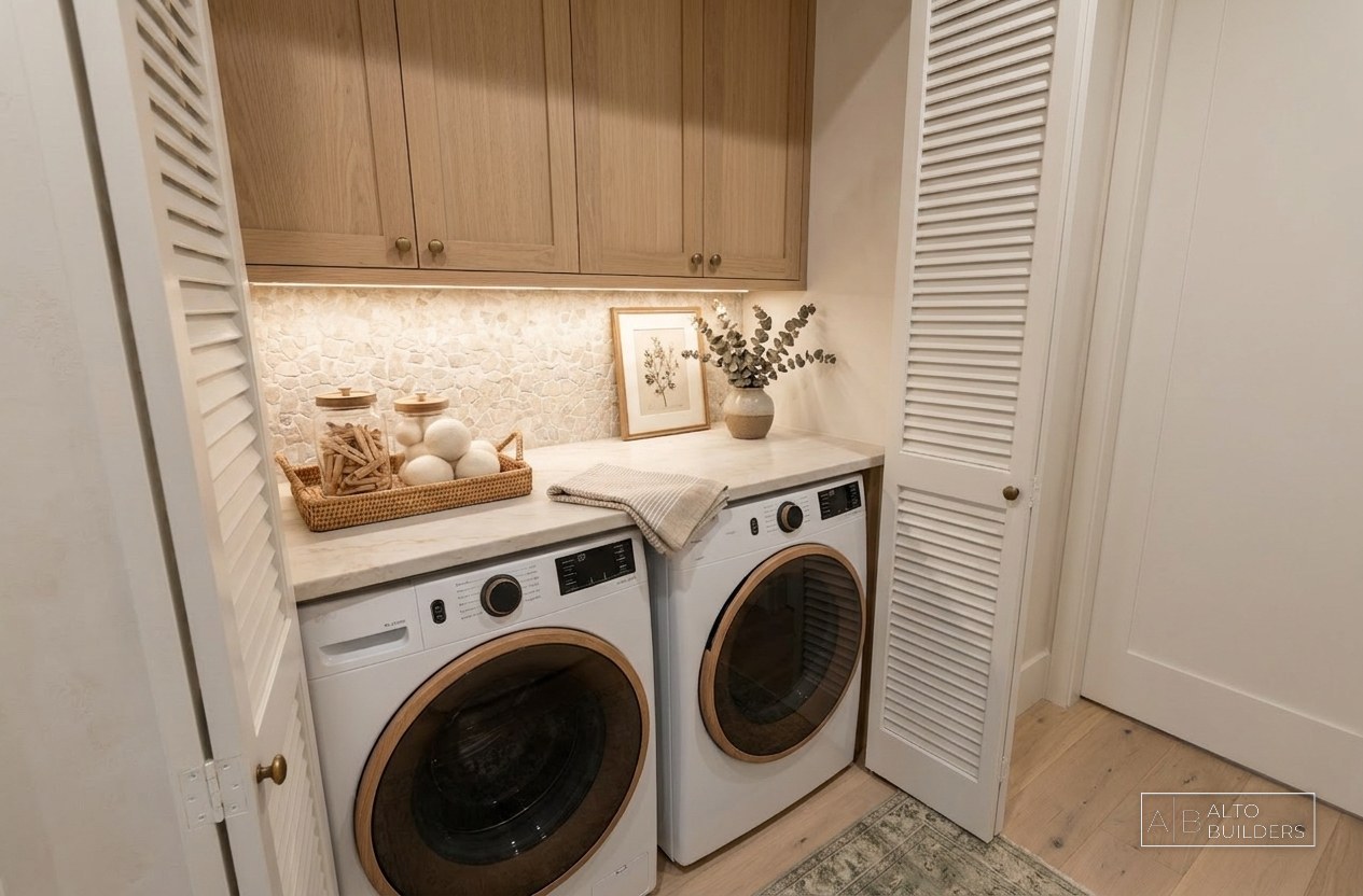 Altadena Storybook Cottage Rebuild - laundry room with white oak cabinetry and pebble tile backsplash