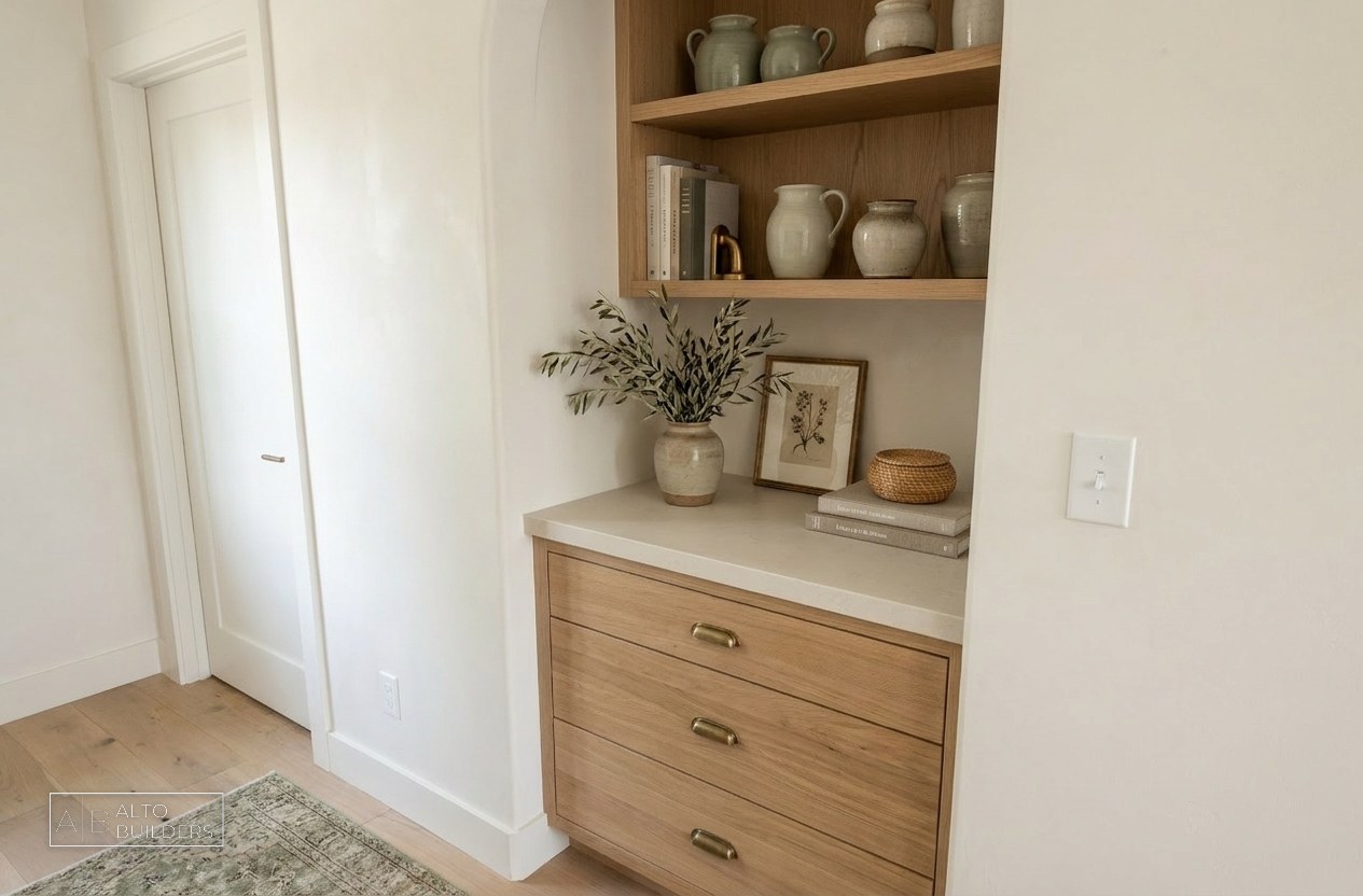 Altadena Storybook Cottage Rebuild - hallway built-in with open oak shelving