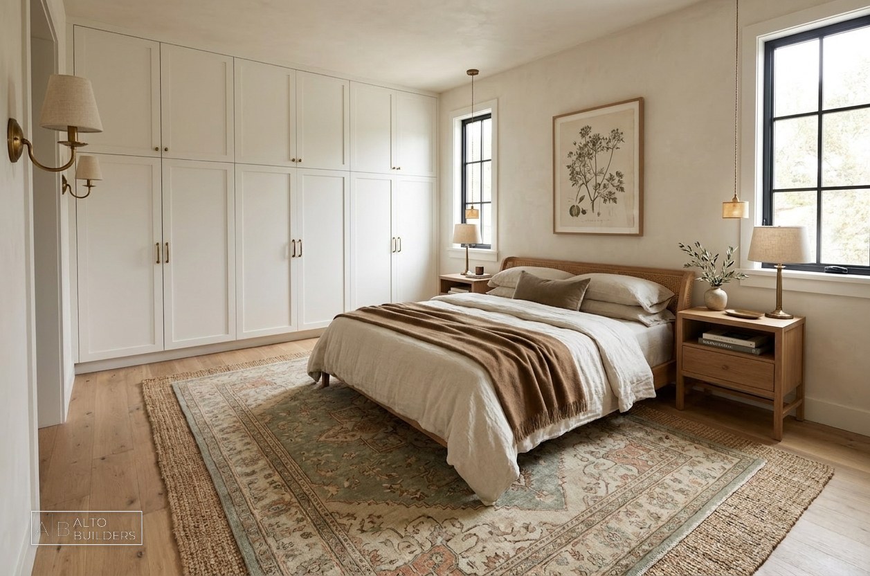 Altadena Storybook Cottage Rebuild - primary bedroom with full-wall built-in wardrobes