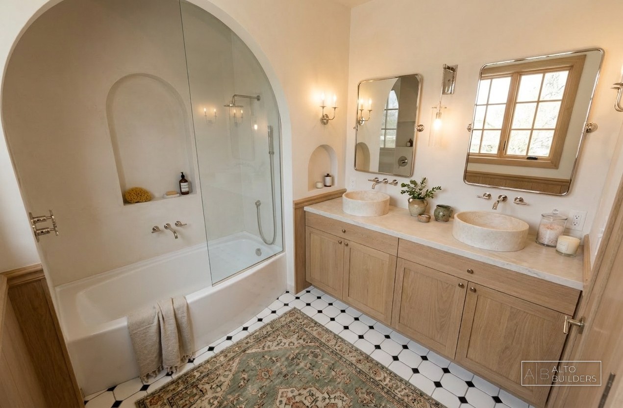 Altadena Storybook Cottage Rebuild - primary bathroom with arched plaster tub alcove and dual vanities