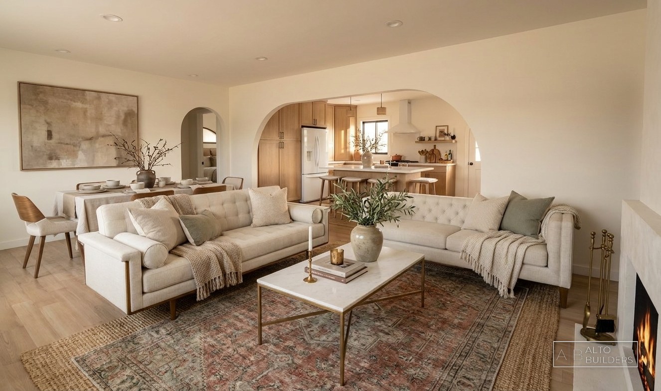 Hermar - open living and dining room with plaster fireplace