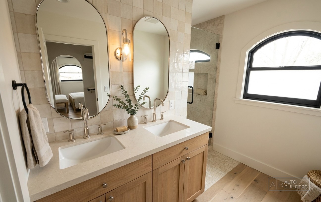 Hermar - primary bathroom with dual vanities and walk-in shower