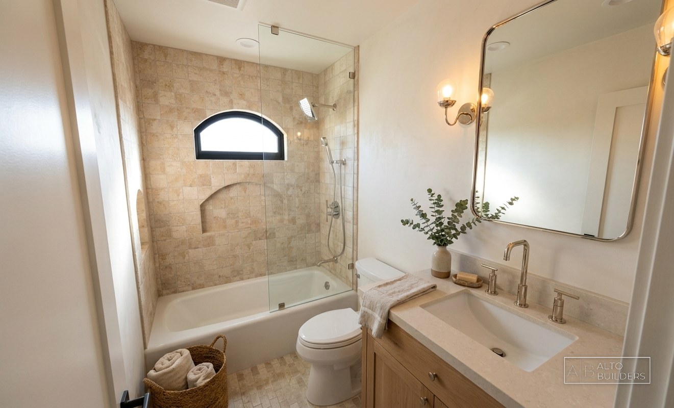 Hermar - hall bathroom with travertine tile and arched shower niche