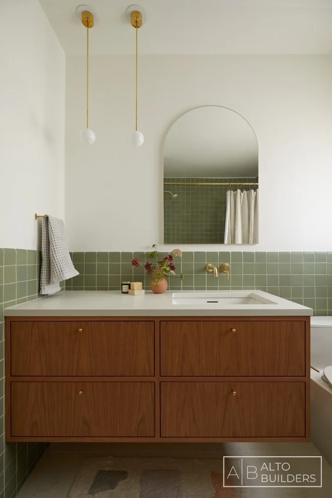 Silver Lake Bathroom – Secondary Walnut Vanity with Arched Mirror