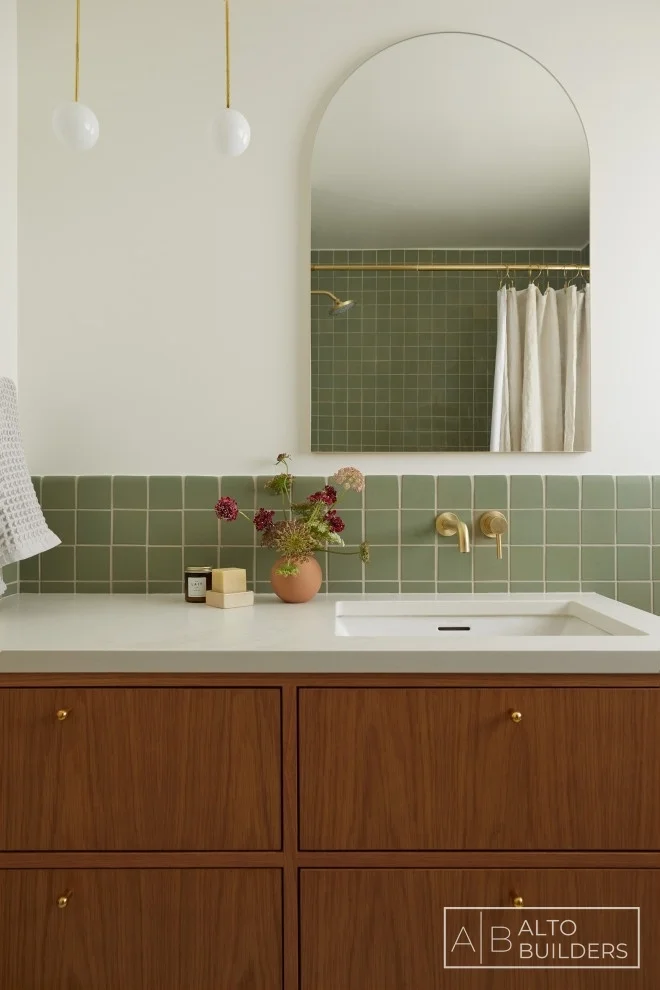 Silver Lake Bathroom – Walnut Vanity Close-Up with Brass Pendant