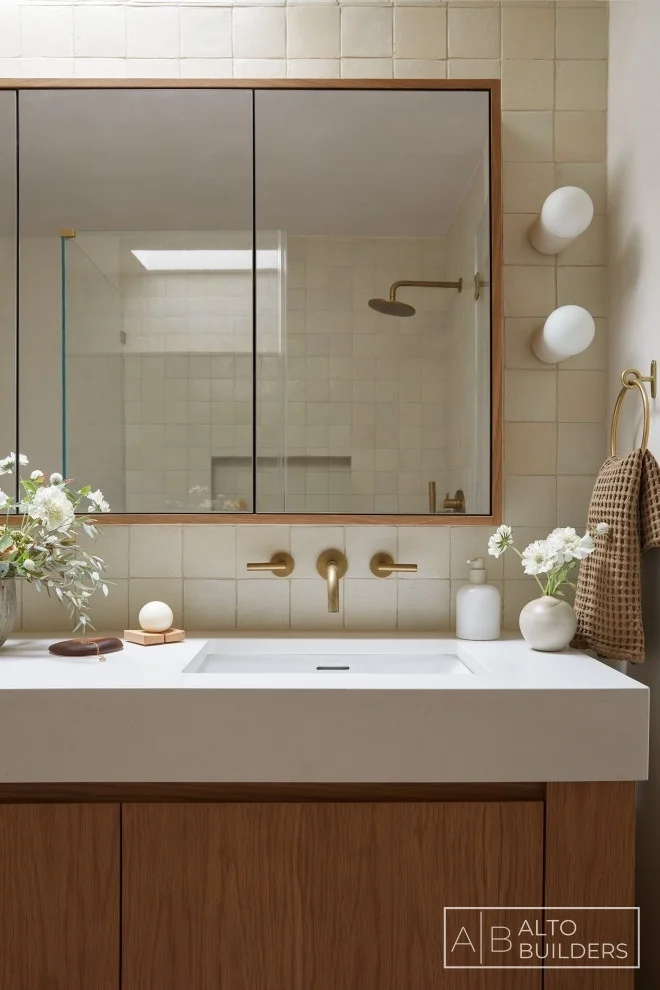 Silver Lake Bathroom – Oak Vanity with Zellige Tile and Globe Sconces