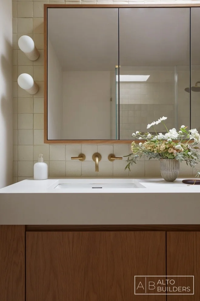 Silver Lake Bathroom – Vanity Detail with Wall-Mounted Brass Faucet