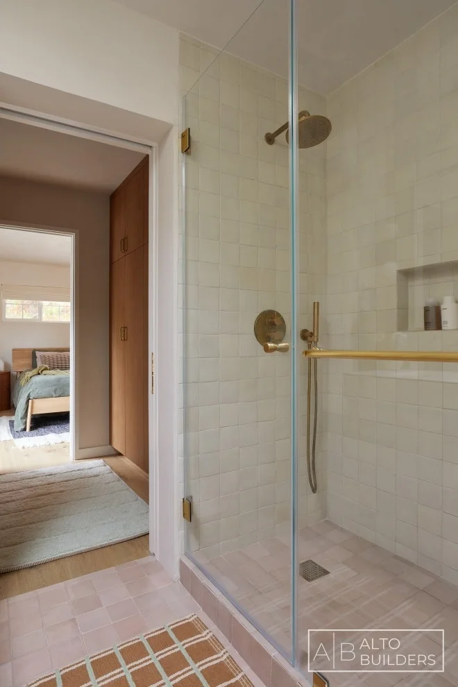 Silver Lake Bathroom – Frameless Glass Shower with Brass Fixtures