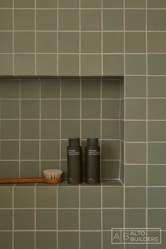 Silver Lake Bathroom – Recessed Shower Niche with Green Tile Detail